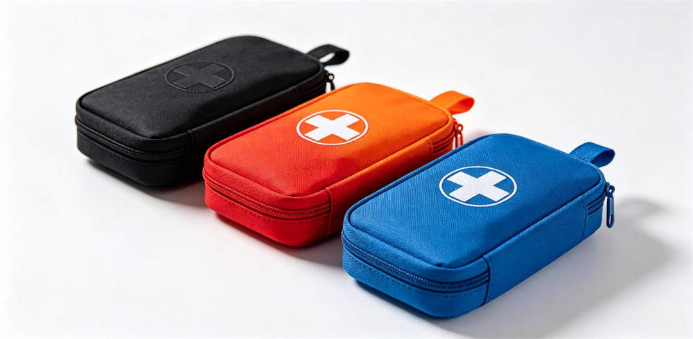 Personal portable emergency kit pouch in black red orange and blue colors Personal portable emergency kit pouch in black red orange and blue colors