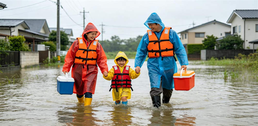 Family wearing life jackets and rain ponchos evacuating through shallow flood water Family wearing life jackets and rain ponchos evacuating through shallow flood water