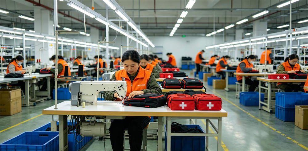 Emergency kit factory production line with workers sewing backpacks and assembling first aid kits Emergency kit factory production line with workers sewing backpacks and assembling first aid kits