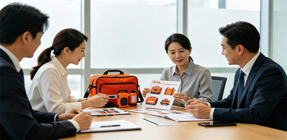 Business people reviewing emergency kit product samples and catalog at office meeting Business people reviewing emergency kit product samples and catalog at office meeting