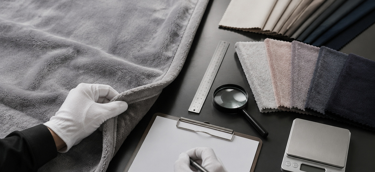 Quality inspector checks blanket fabric edge finish, comparing color swatches, measuring and recording specification data for institutional blanket procurement review