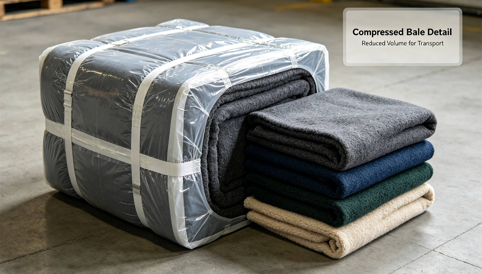 Compressed bale packed blanket beside loose folded blankets, showing volume reduction for transport in institutional blanket procurement review