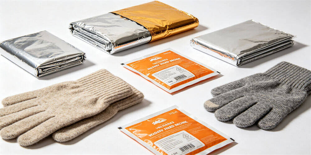 Emergency survival kits on white background, thermal emergency blankets, warm winter gloves, first‑aid packs for school evacuation, disaster relief and B2B emergency preparedness supplies
