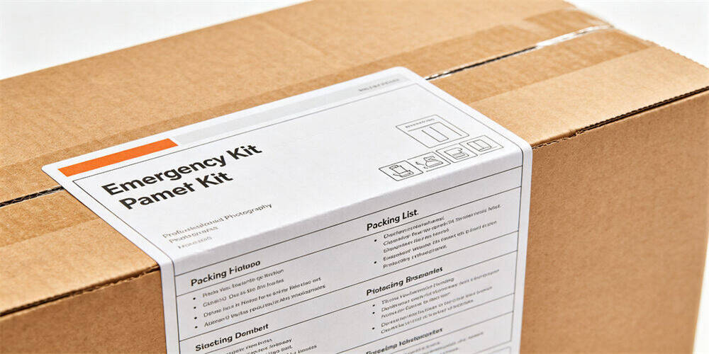 Emergency kit packaging detail shot, carton box with printed packing list label, bulk B2B emergency supply outer package for disaster rescue and school emergency preparedness procurement