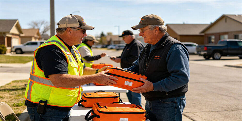 Emergency‑kit outdoor community scene, workers handing over orange emergency kit bag, distributing emergency preparedness supplies for local community public safety support