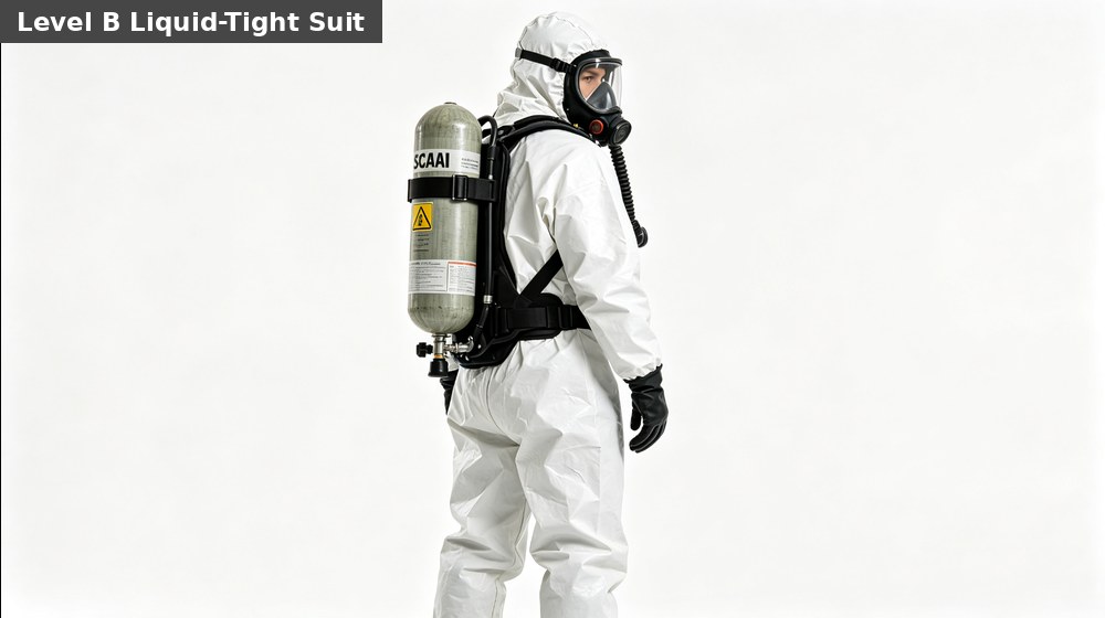 Level B liquid-tight chemical protective suit with external SCBA for industrial splash response Level B liquid-tight chemical protective suit with external SCBA for industrial splash response