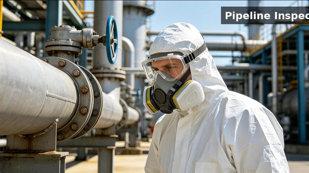 Chemical protective suit used for close pipeline inspection inside an industrial processing facility Chemical protective suit used for close pipeline inspection inside an industrial processing facility