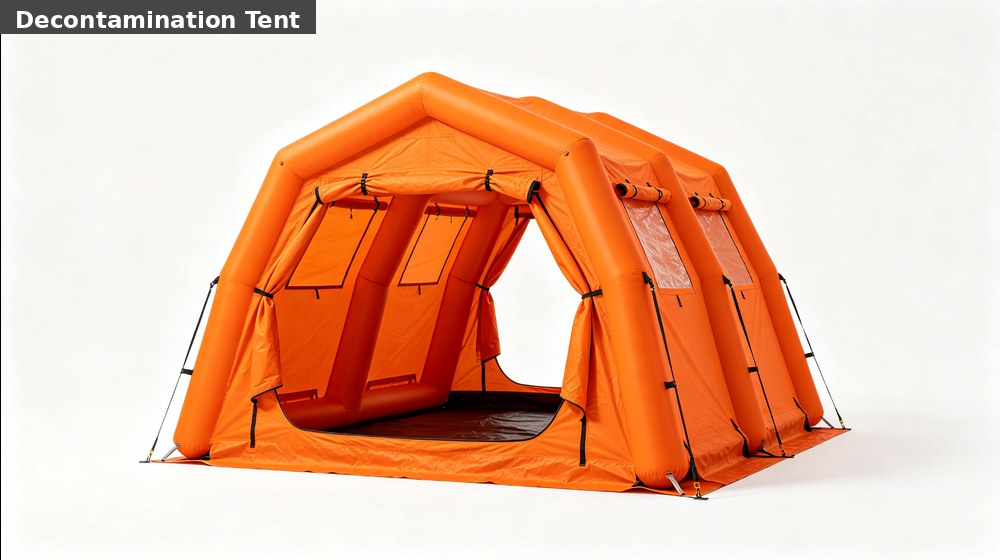 Inflatable decontamination tent configured for personnel washdown during industrial hazmat response Inflatable decontamination tent configured for personnel washdown during industrial hazmat response