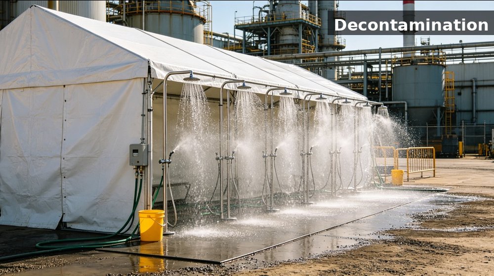 Outdoor decontamination shower line prepared beside a chemical plant for hazmat personnel washdown Outdoor decontamination shower line prepared beside a chemical plant for hazmat personnel washdown
