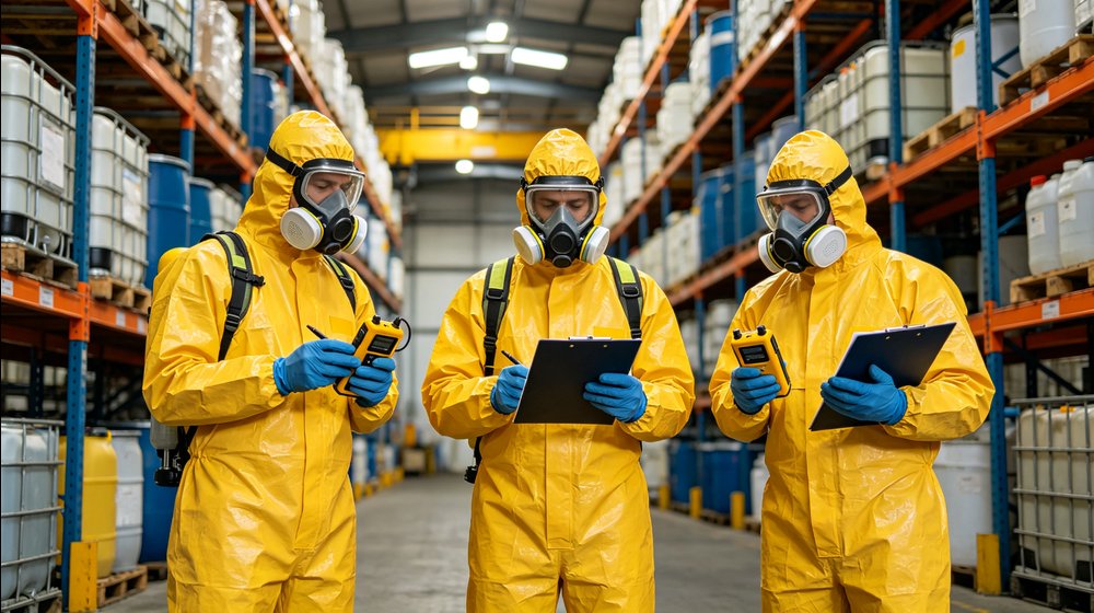 Hazmat inspection team in chemical protective suits assessing containers inside an industrial warehouse