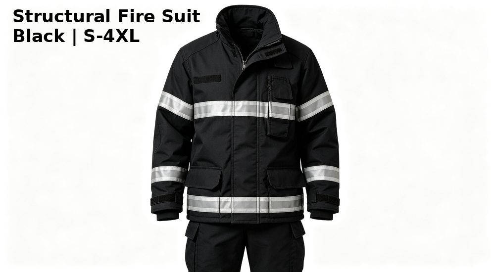 Black structural firefighting turnout gear with silver reflective trim, PPE clothing supplier