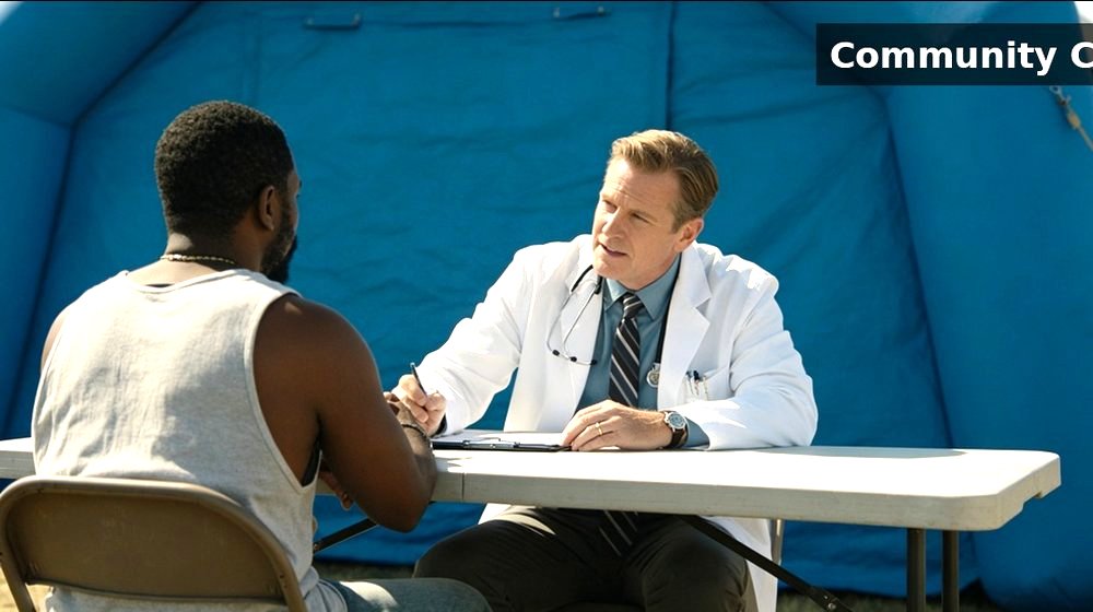 Hospital field medical supply image showing community clinic tent scene for temporary clinics, disaster response and institutional procurement plann