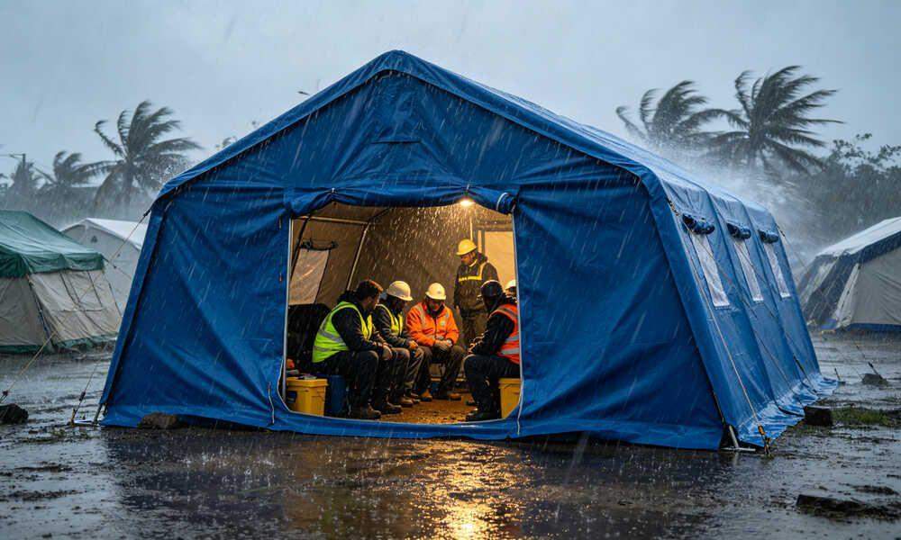 Large emergency frame shelter tent in heavy rain and strong wind conditions at disaster relief camp