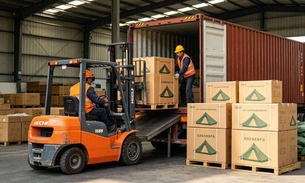 Warehouse workers packing emergency tents into boxes and woven bags for shipping to disaster zones