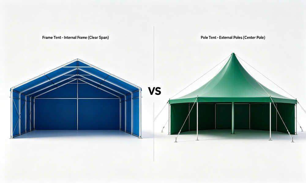 Emergency frame tent vs pole tent side by side comparison showing structural differences for buyers