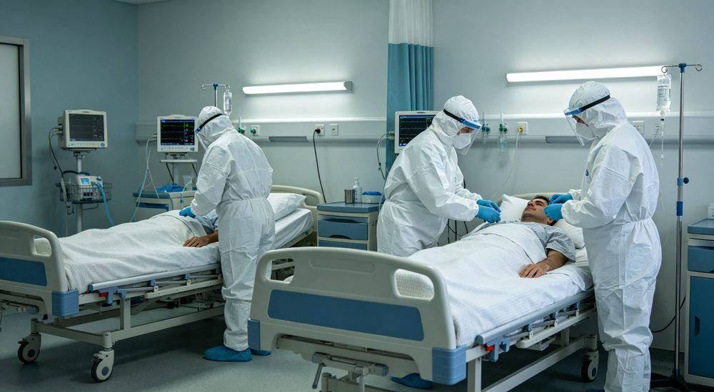 Medical workers in white isolation coveralls working in hospital triage area, clinical PPE use Medical workers in white isolation coveralls working in hospital triage area, clinical PPE use