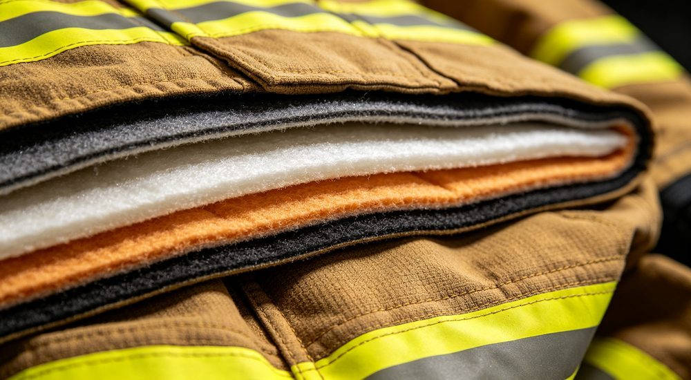 Close-up detail of firefighting suit three fabric layers: outer shell, moisture barrier, thermal liner