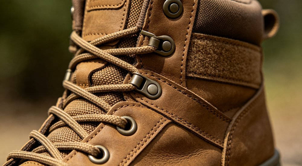 Tactical boot lacing system ankle detail showing visible product details for bulk protective equipment evaluation