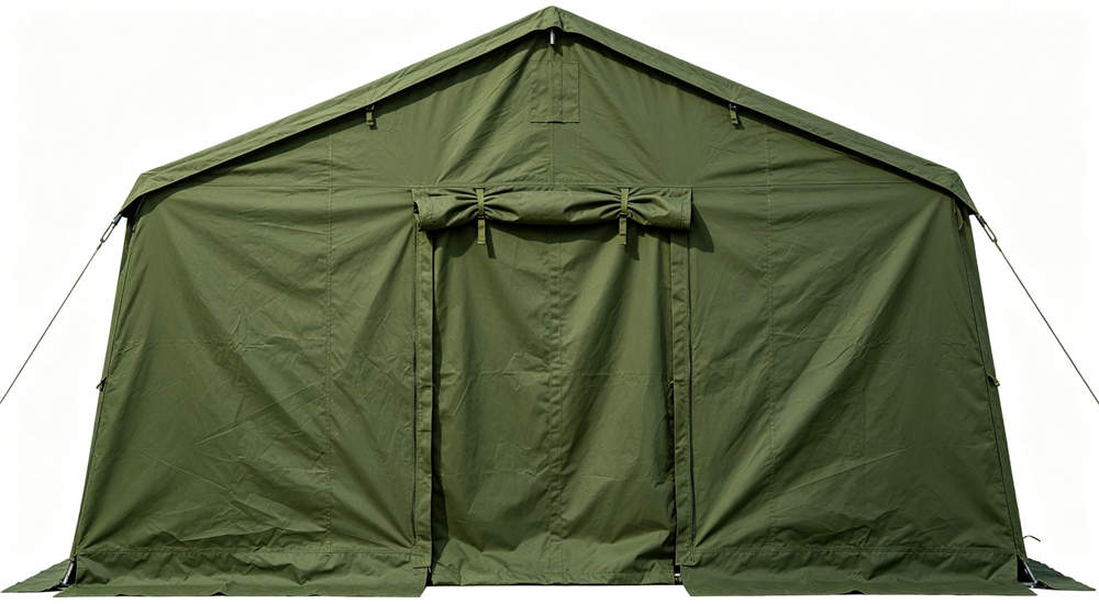 green military frame tent with canvas flap door entrance