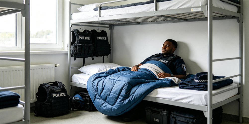 Police officer using wearable sleeping bag during dormitory rest at station