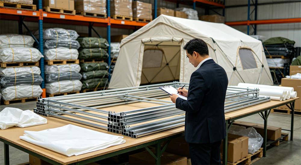 buyer inspecting tent components quality control at warehouse