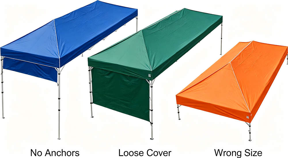 common tent setup mismatches missing anchors loose cover wrong size