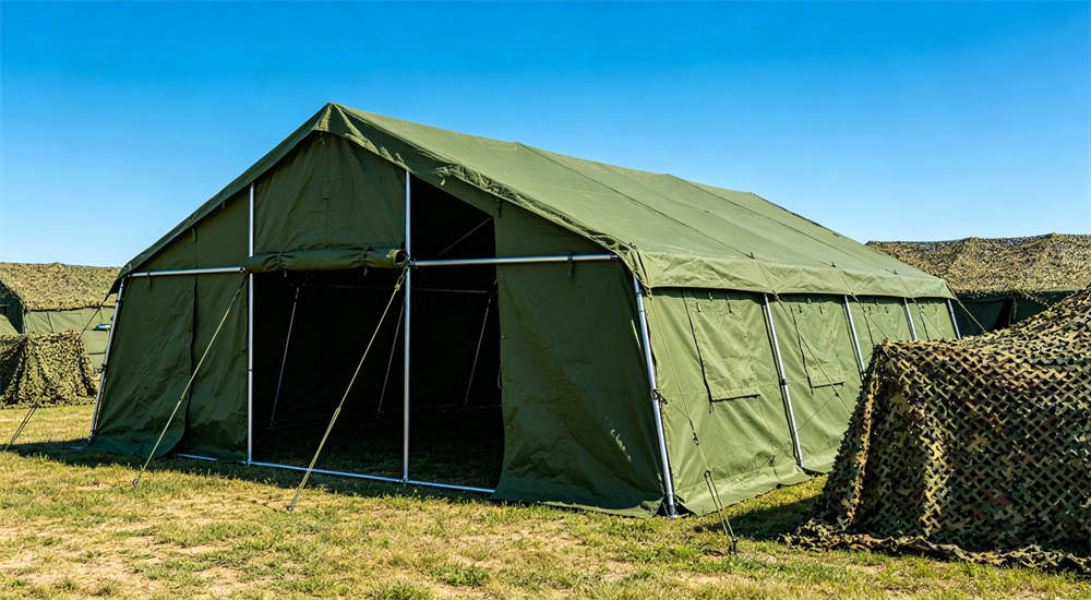 green military frame tent at army camp accommodation shelter