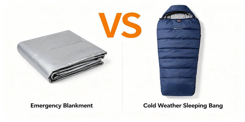 Comparison of emergency blankets vs cold weather sleeping bags for disaster relief procurement