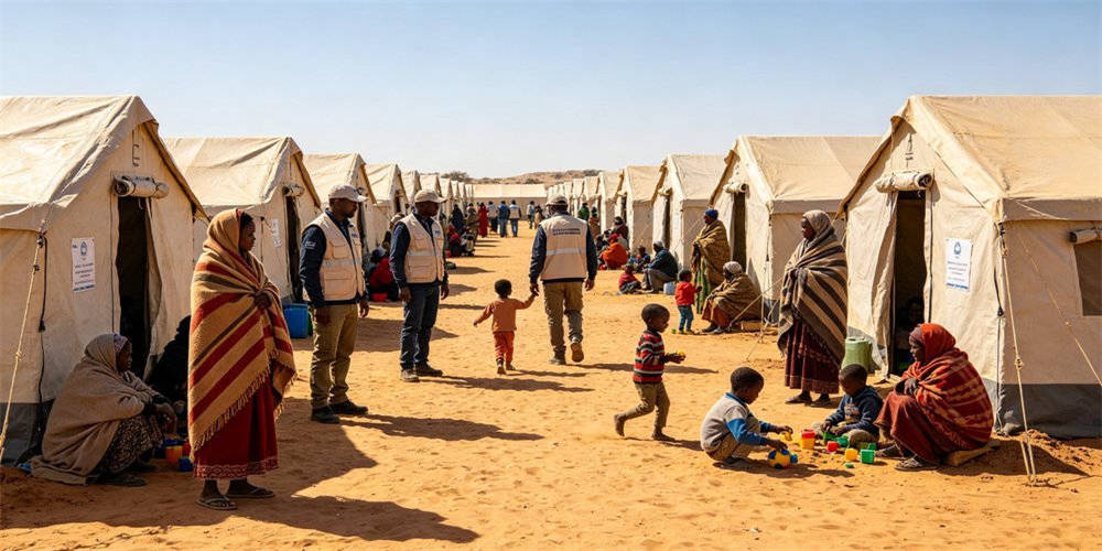 International refugee camp in Africa with emergency relief thermal textiles distribution