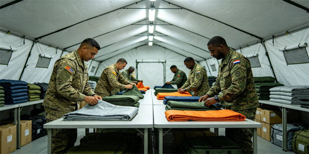 Military personnel organizing and folding emergency blankets and sleeping bags for inventory