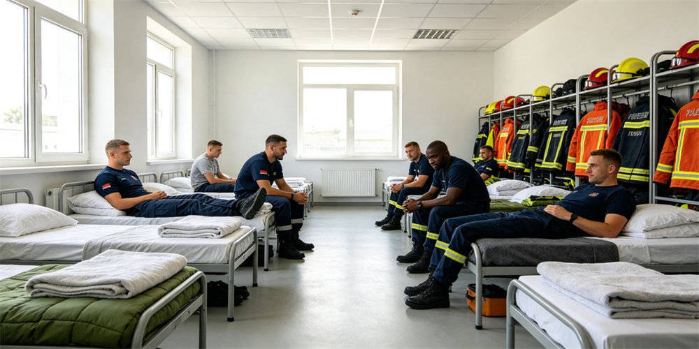 Firefighter dormitory with firefighters resting under wool blankets between emergency calls