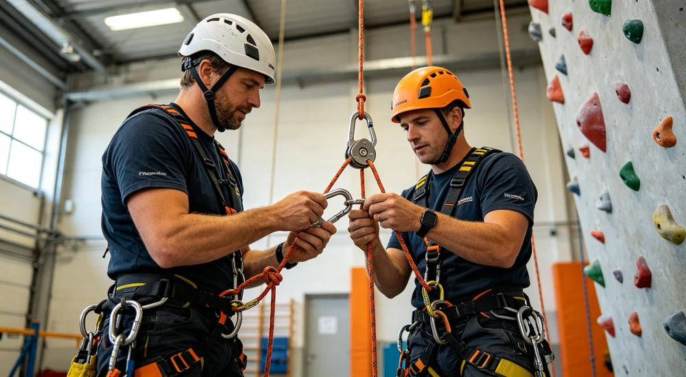 Rescue team demonstrating rope hardware usage and setup at training facility