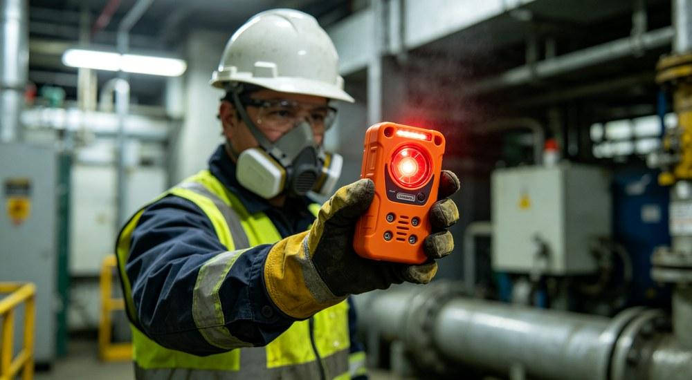 Industrial gas detector alarm testing and calibration at quality control facility