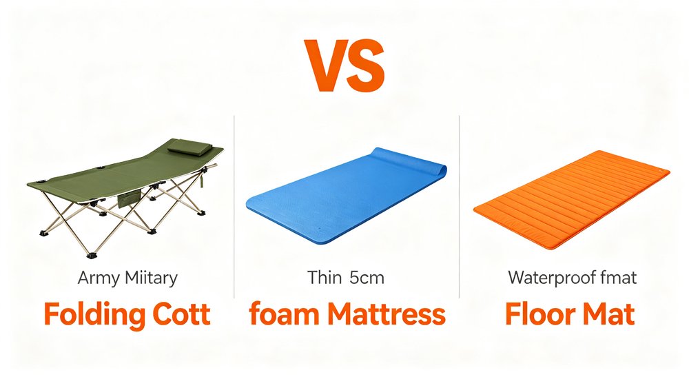 Sleeping system comparison folding cot vs mattress vs floor mat