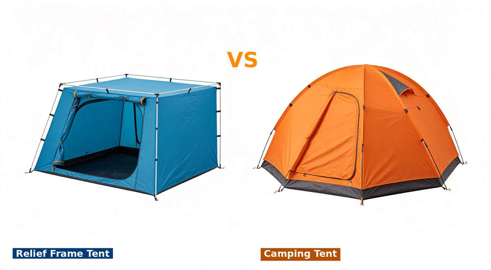 White background product comparison of blue outdoor relief frame tent with metal frame vs orange dome camping tent, orange VS text in center