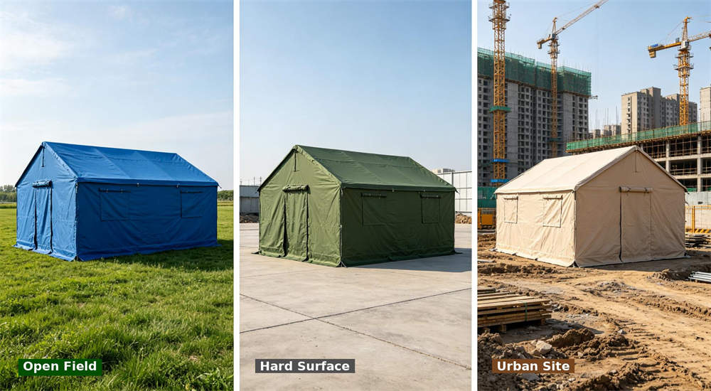 Three-panel scene comparison of outdoor relief frame tent on open grass field blue, hard concrete surface green, and urban construction site beige