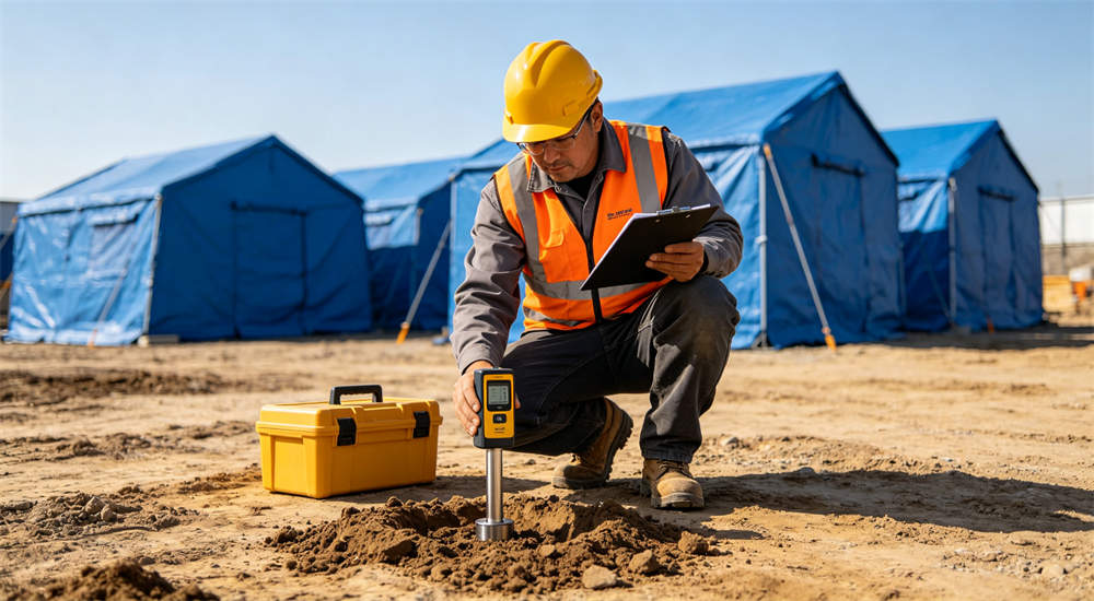 Worker in blue uniform doing site assessment for outdoor relief frame tent checking ground conditions and measuring camp layout with clipboard