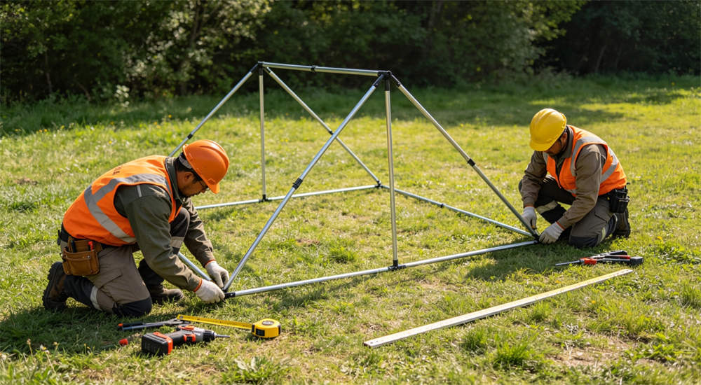 Workers in green uniforms assembling sample outdoor relief frame tent together showing team installation process with metal frame and fabric on grass