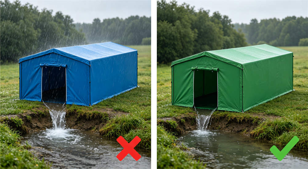 Comparison of outdoor relief frame tent entrance direction in blue green showing proper door orientation for wind protection and camp traffic flow