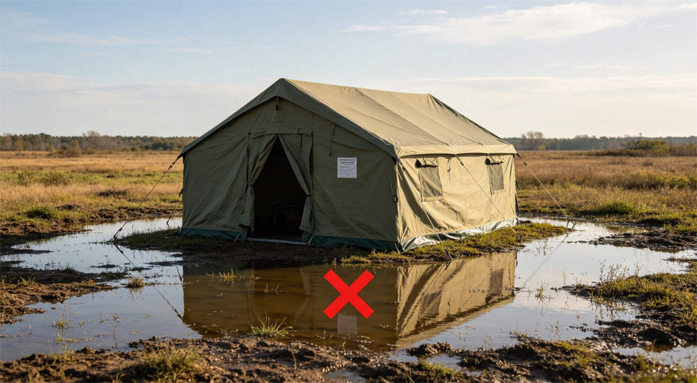 Error example of outdoor relief frame tent on unsuitable flooded site in green showing tent in waterlogged area with red X error marker for flood risk