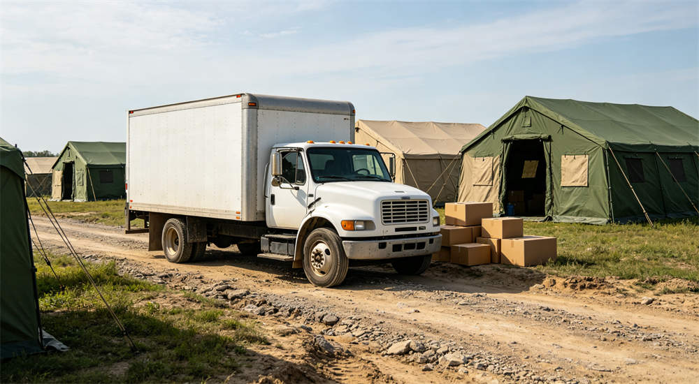 White outdoor relief frame tent vehicle access scene showing truck delivery route and Materials transport access to camp site with limited height clearance