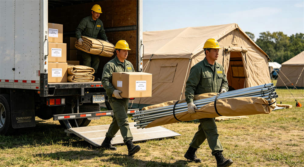 Workers in beige uniforms handling packages for outdoor relief frame tent carrying folded tent components and loading supplies at warehouse distribution center