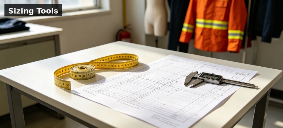 Yellow measuring tape and digital caliper laid on technical drawing for workwear apparel sizing in factory workshop