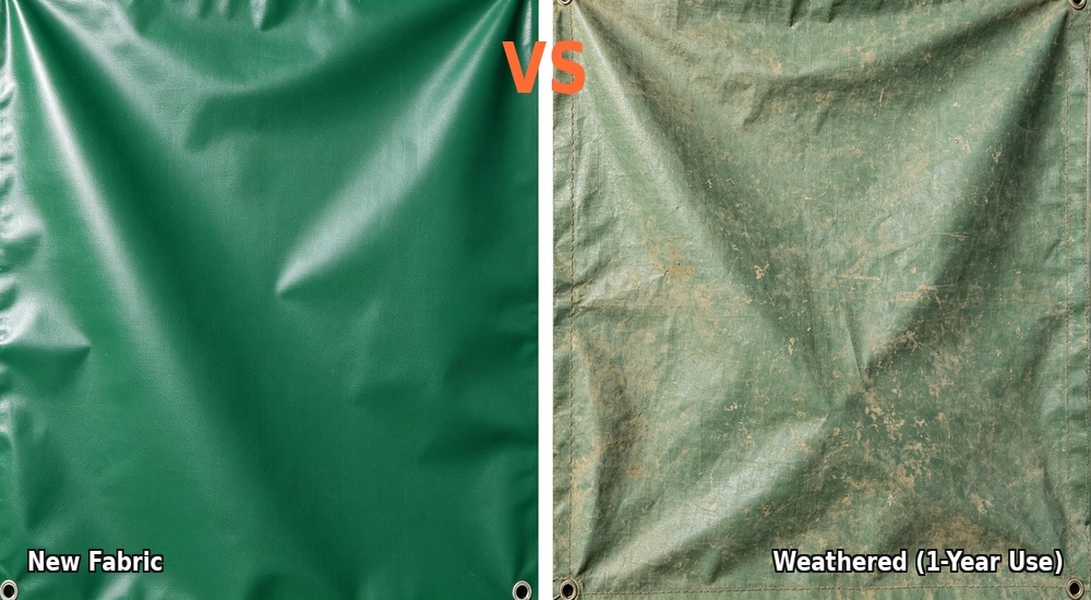 Side-by-side aging comparison showing new blue tent tarpaulin fabric versus weathered aged fabric after outdoor exposure, color fading and material degradation difference visible demonstrating UV resistance and long-term durability