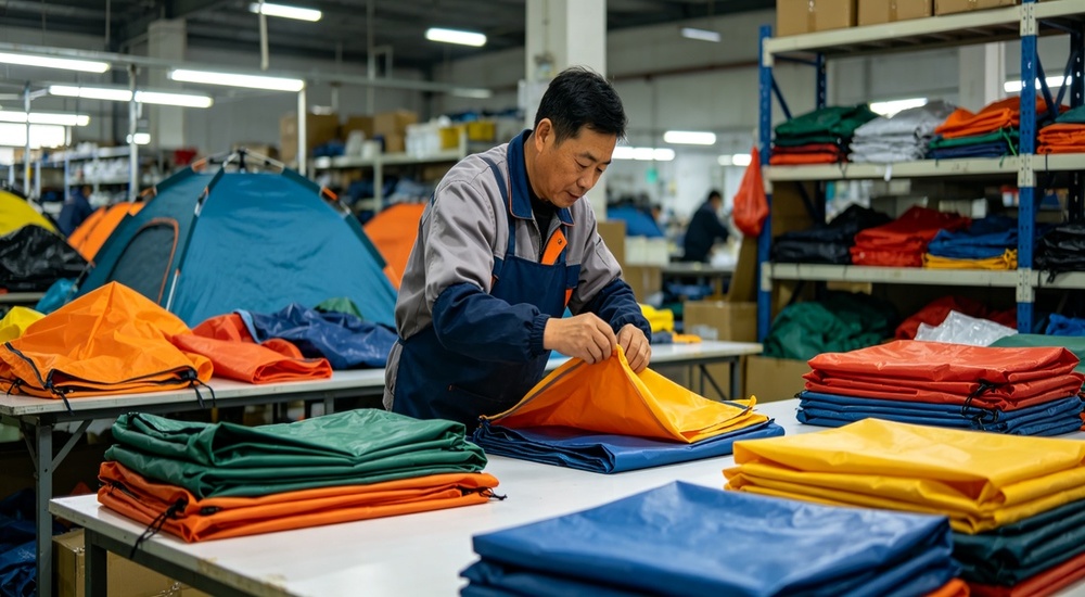 Warehouse packing photograph of worker folding and packing blue tent tarpaulin material into compact bundle, proper folding method and compact packing visible showing space-efficient storage and shipment preparation