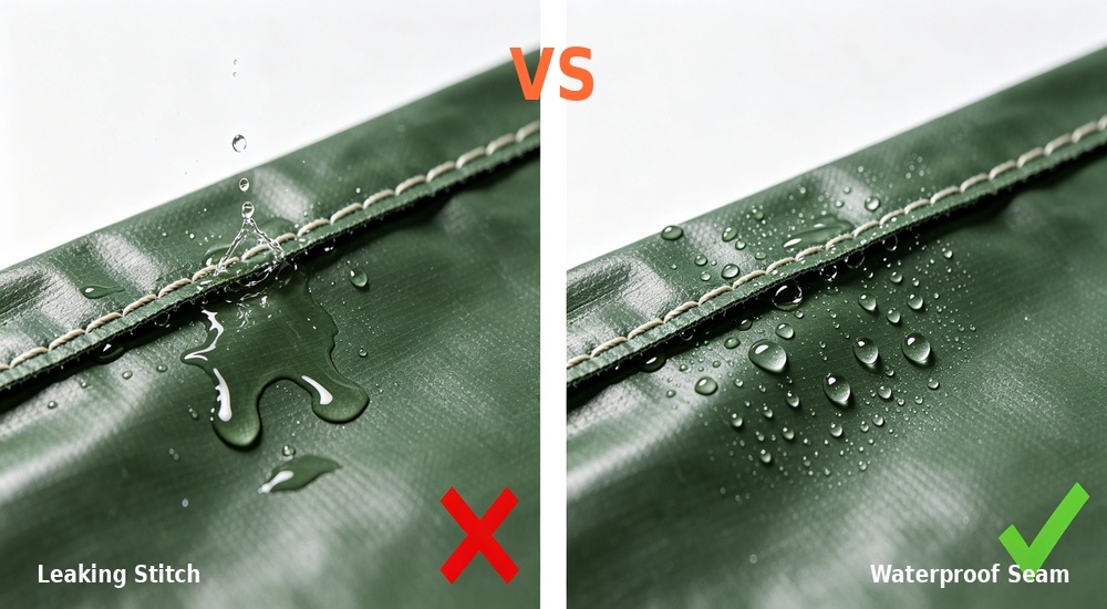 Technical error comparison displaying leaking stitched seam with needle holes versus waterproof heat-sealed welded seam on blue tent tarpaulin, water penetration visible through stitching demonstrating proper seam construction importance