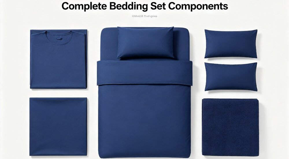 Complete institutional bedding set flat lay with sheet duvet cover and pillowcase