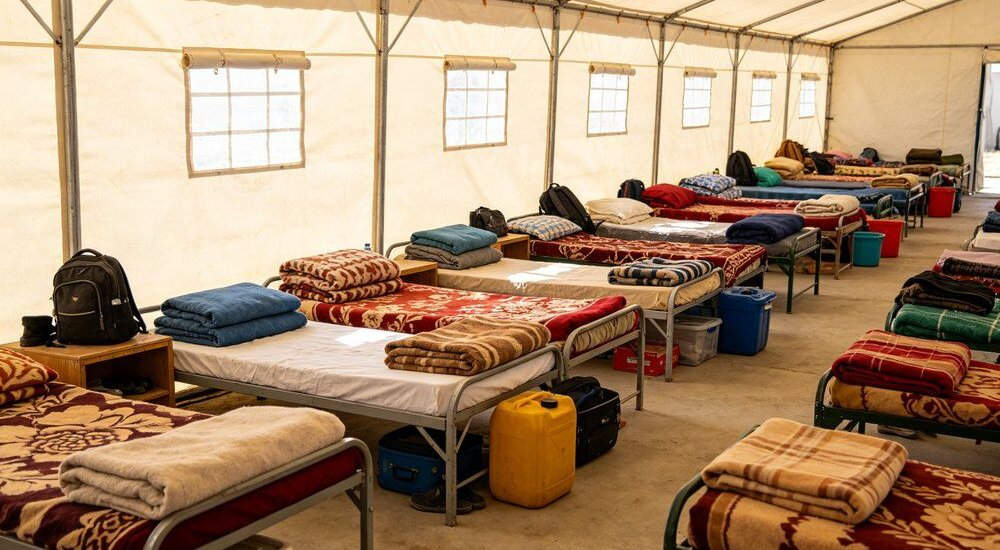 Refugee camp long term accommodation with durable institutional bedding