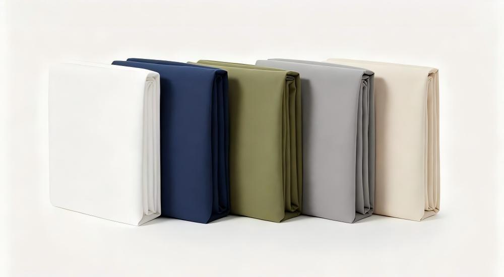Institutional bedding color options in blue gray green and white flat lay