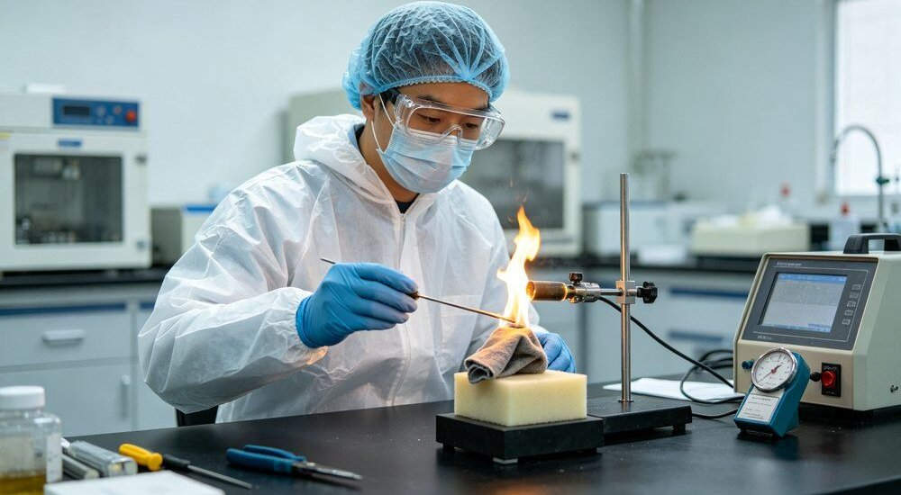 Flame retardant testing of institutional bedding fabric for safety compliance